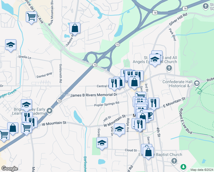map of restaurants, bars, coffee shops, grocery stores, and more near 5215 East Central Drive in Stone Mountain