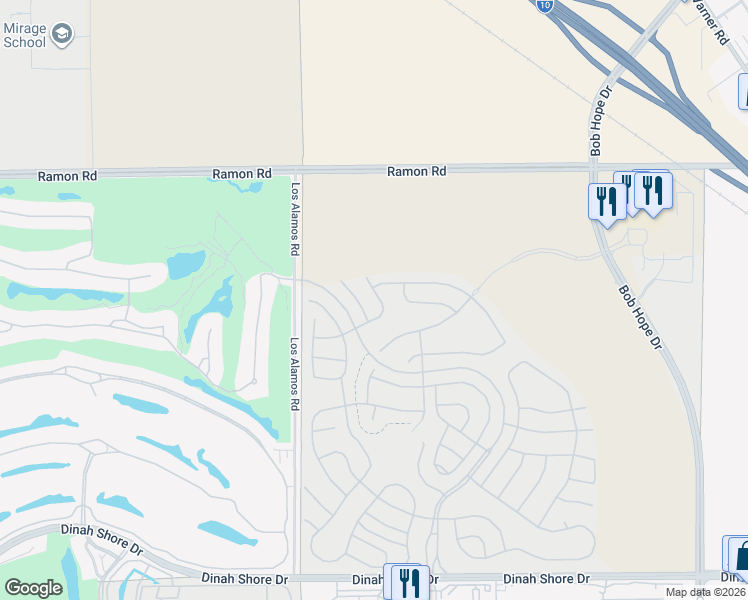 map of restaurants, bars, coffee shops, grocery stores, and more near 46 Vintage in Rancho Mirage