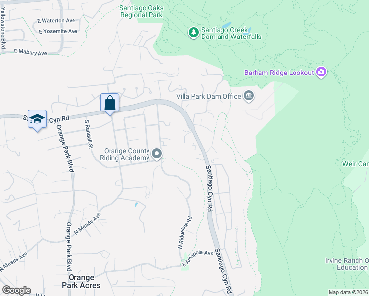 map of restaurants, bars, coffee shops, grocery stores, and more near 7545 East Angel View Terrace in Orange