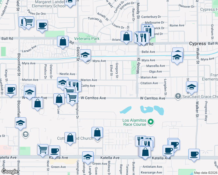 map of restaurants, bars, coffee shops, grocery stores, and more near 4752 Cathy Avenue in Cypress
