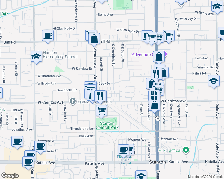 map of restaurants, bars, coffee shops, grocery stores, and more near 10391 Dana Way in Stanton