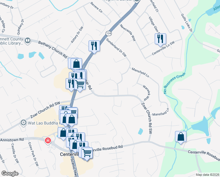 map of restaurants, bars, coffee shops, grocery stores, and more near 3673 Bowbridge Lane in Snellville