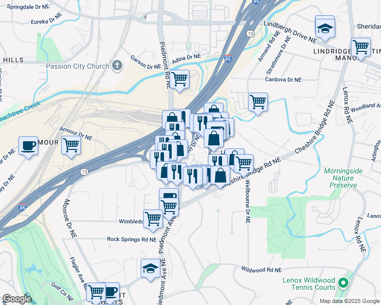 map of restaurants, bars, coffee shops, grocery stores, and more near 558 Bismark Road Northeast in Atlanta