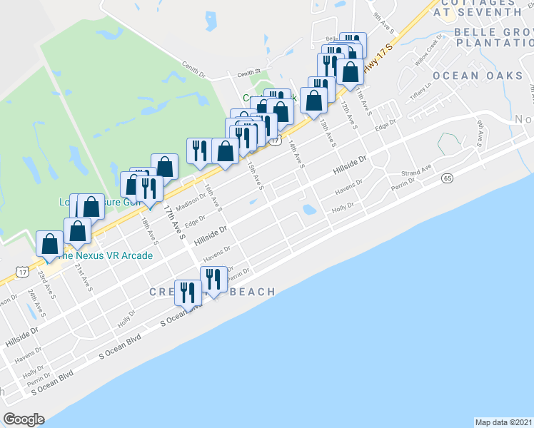 map of restaurants, bars, coffee shops, grocery stores, and more near 1503B Hillside Drive in North Myrtle Beach