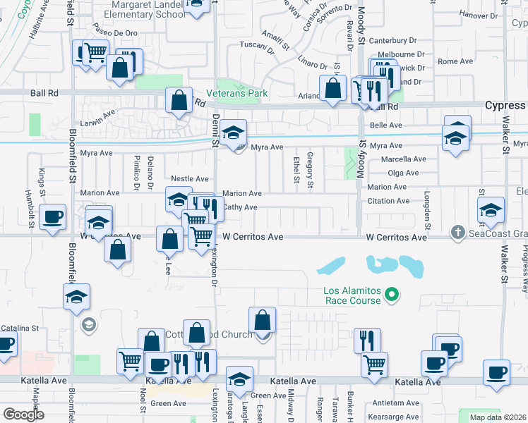 map of restaurants, bars, coffee shops, grocery stores, and more near 4662 Cathy Avenue in Cypress