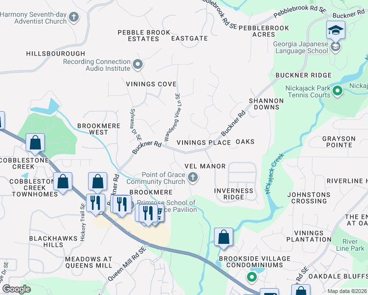 map of restaurants, bars, coffee shops, grocery stores, and more near 1065 Buckner Road in Mableton
