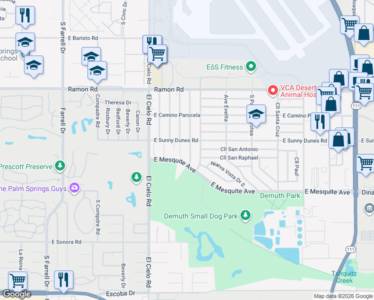 map of restaurants, bars, coffee shops, grocery stores, and more near 729 Desert Way in Palm Springs