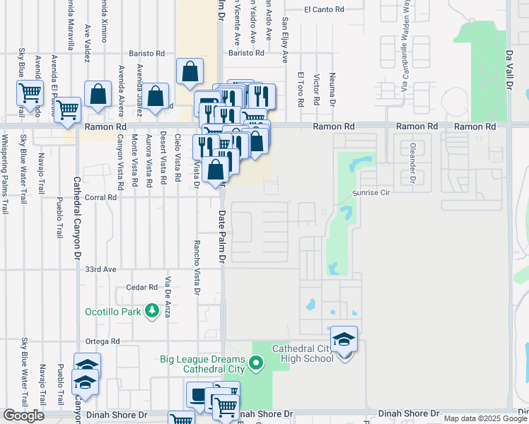 map of restaurants, bars, coffee shops, grocery stores, and more near 1142 Vía Feliz in Cathedral City