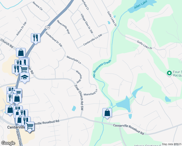 map of restaurants, bars, coffee shops, grocery stores, and more near 3448 Mansfield Lane in Snellville