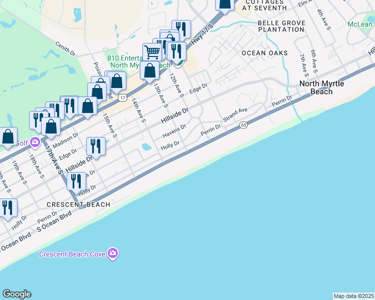 map of restaurants, bars, coffee shops, grocery stores, and more near 101 13th Avenue South in North Myrtle Beach