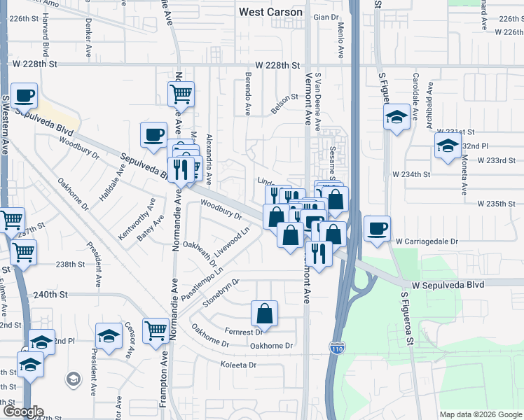 map of restaurants, bars, coffee shops, grocery stores, and more near 1016 Oakwater Street in Torrance
