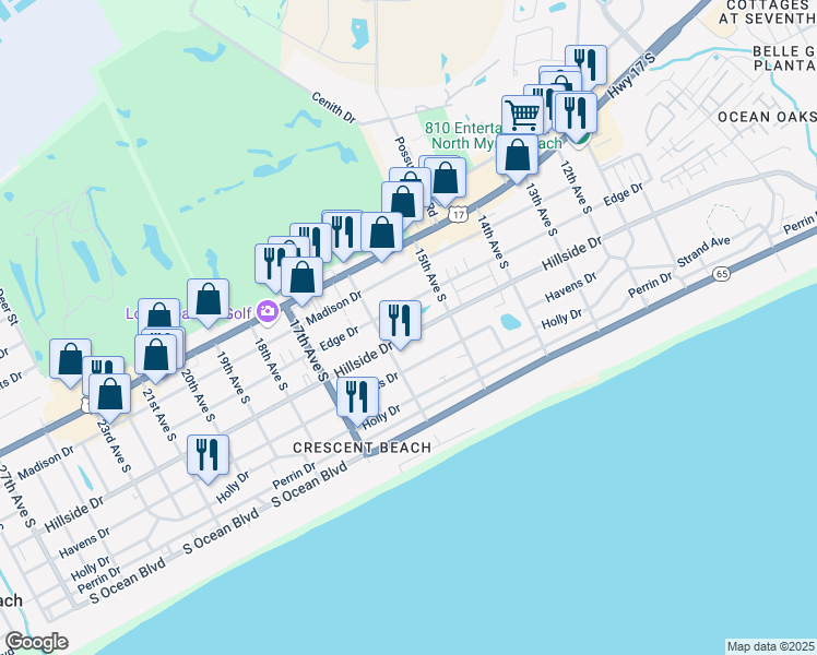 map of restaurants, bars, coffee shops, grocery stores, and more near 1516 Hillside Drive South in North Myrtle Beach