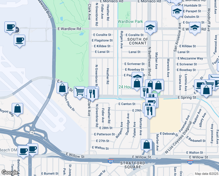 map of restaurants, bars, coffee shops, grocery stores, and more near 3028 Heather Road in Long Beach