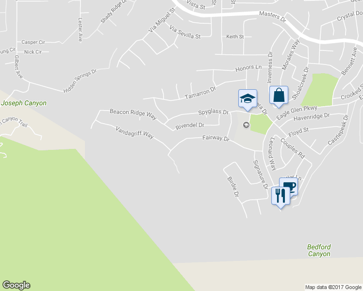 map of restaurants, bars, coffee shops, grocery stores, and more near 1624 Fairway Drive in Corona