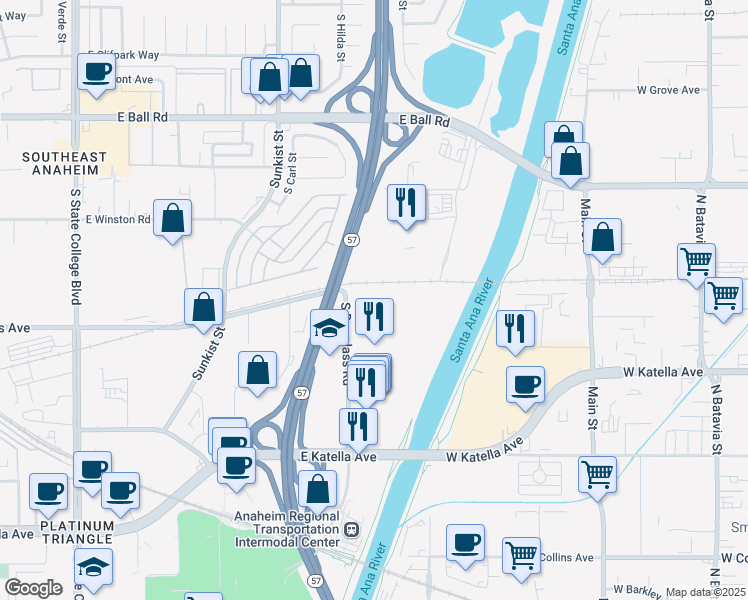 map of restaurants, bars, coffee shops, grocery stores, and more near 1400 South Douglass Road in Anaheim
