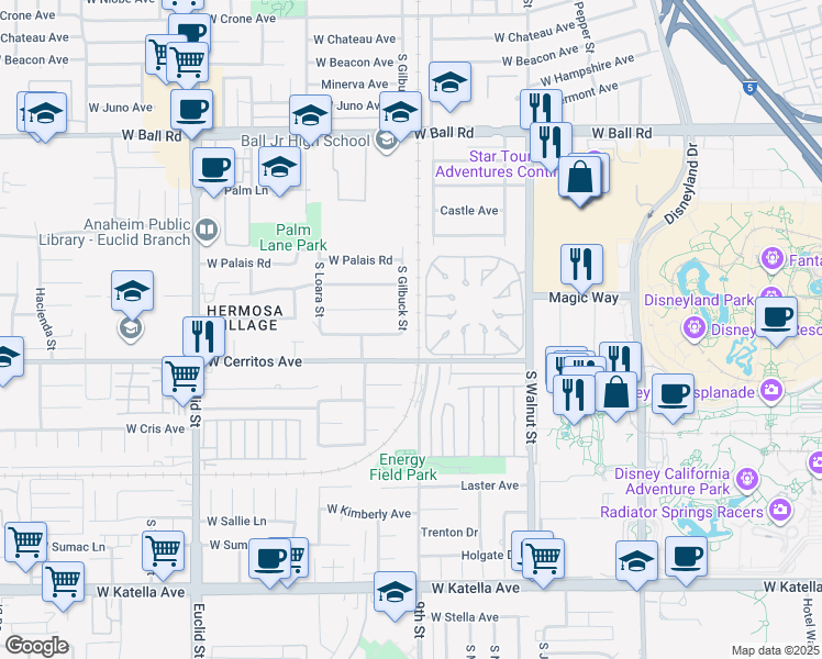 map of restaurants, bars, coffee shops, grocery stores, and more near 1440 South Gilbuck Street in Anaheim