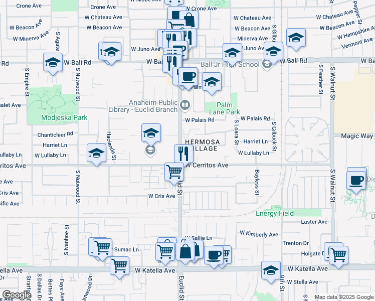 map of restaurants, bars, coffee shops, grocery stores, and more near 1440 South Euclid Street in Anaheim