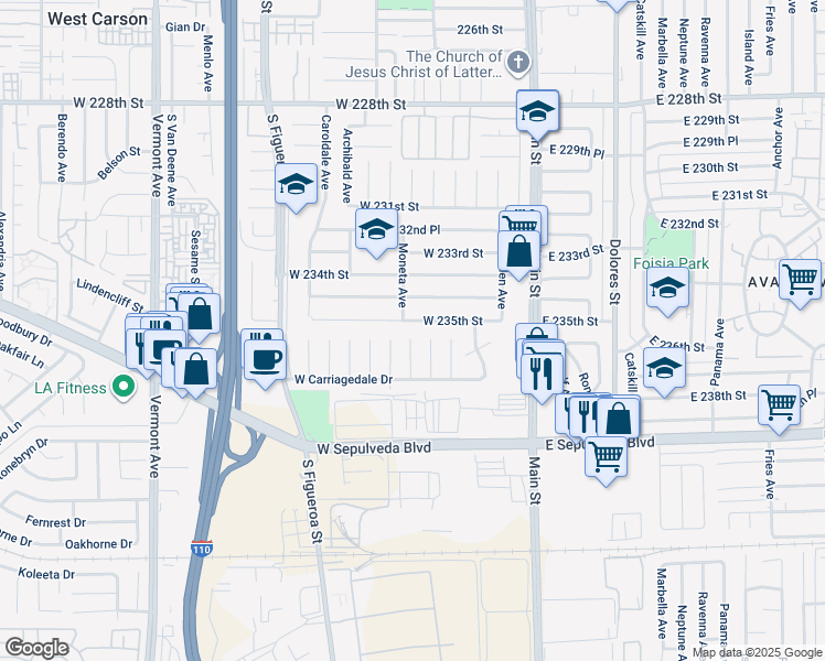 map of restaurants, bars, coffee shops, grocery stores, and more near 23502 Moneta Avenue in Carson