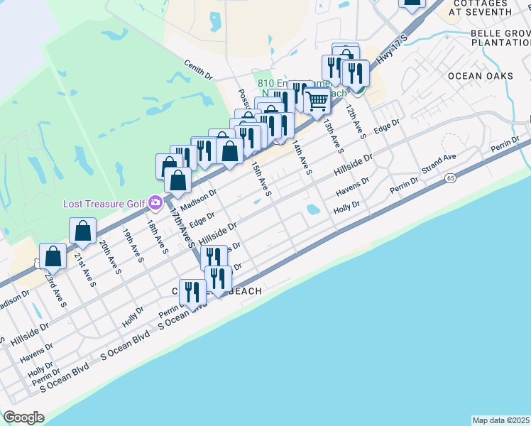 map of restaurants, bars, coffee shops, grocery stores, and more near 1503B Hillside Drive in North Myrtle Beach