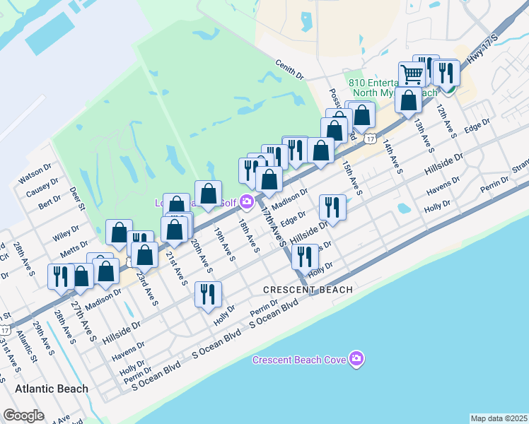 map of restaurants, bars, coffee shops, grocery stores, and more near 709 17th Avenue South in North Myrtle Beach