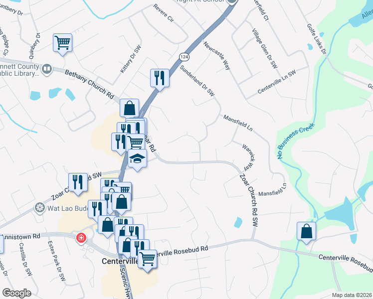 map of restaurants, bars, coffee shops, grocery stores, and more near 3673 Bowbridge Lane in Snellville
