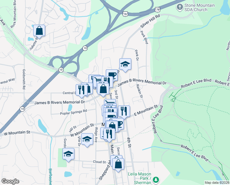 map of restaurants, bars, coffee shops, grocery stores, and more near 1111 3rd Street in Stone Mountain
