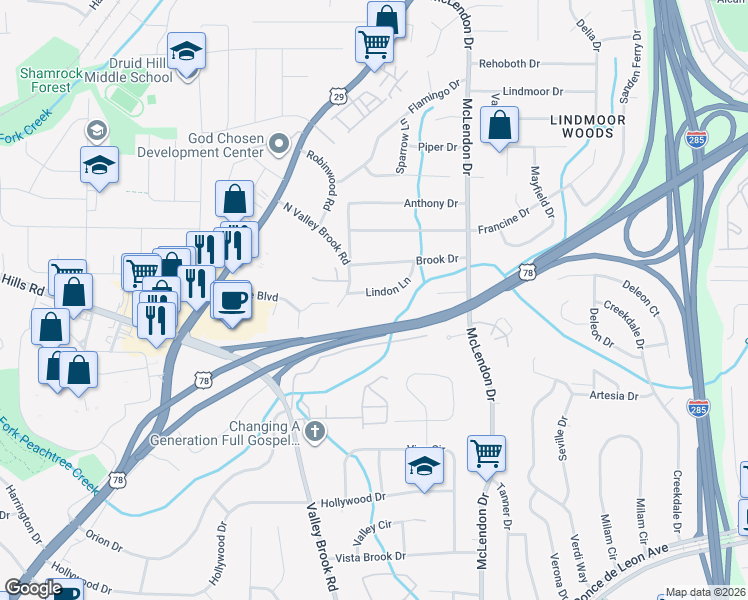 map of restaurants, bars, coffee shops, grocery stores, and more near 3039 Lindon Lane in Decatur