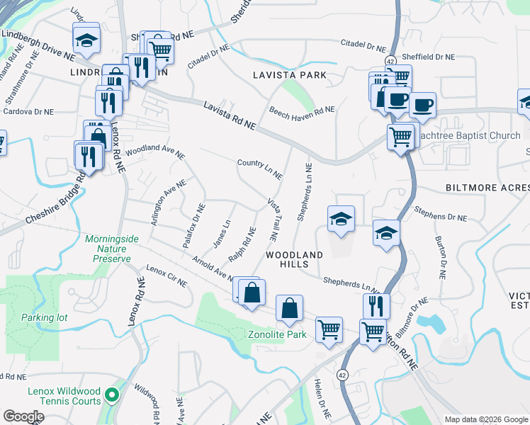 map of restaurants, bars, coffee shops, grocery stores, and more near 1134 Ralph Road Northeast in Atlanta