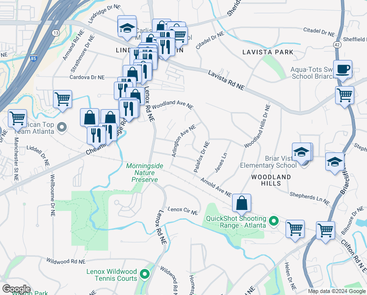 map of restaurants, bars, coffee shops, grocery stores, and more near 1118 Arlington Parkway Northeast in Atlanta
