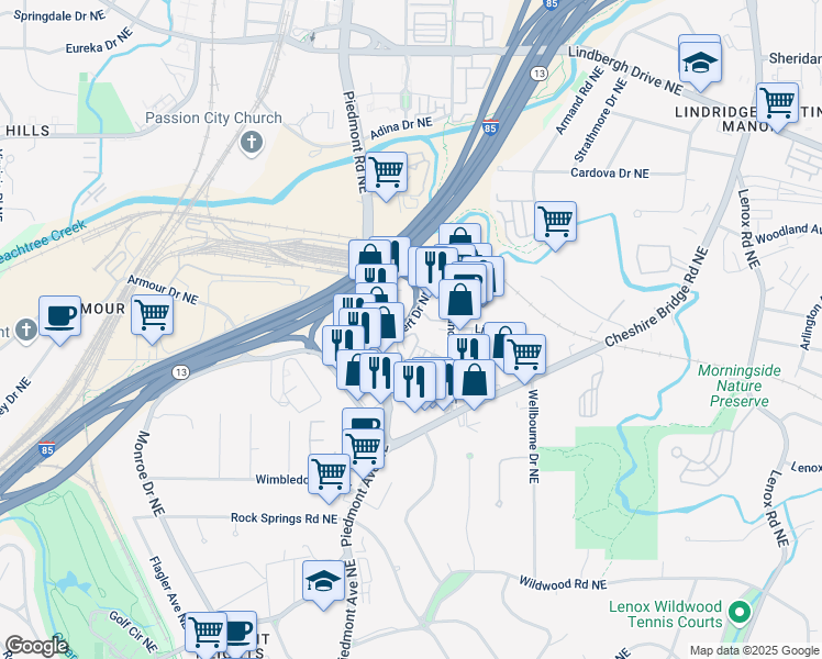 map of restaurants, bars, coffee shops, grocery stores, and more near 558 Bismark Road Northeast in Atlanta