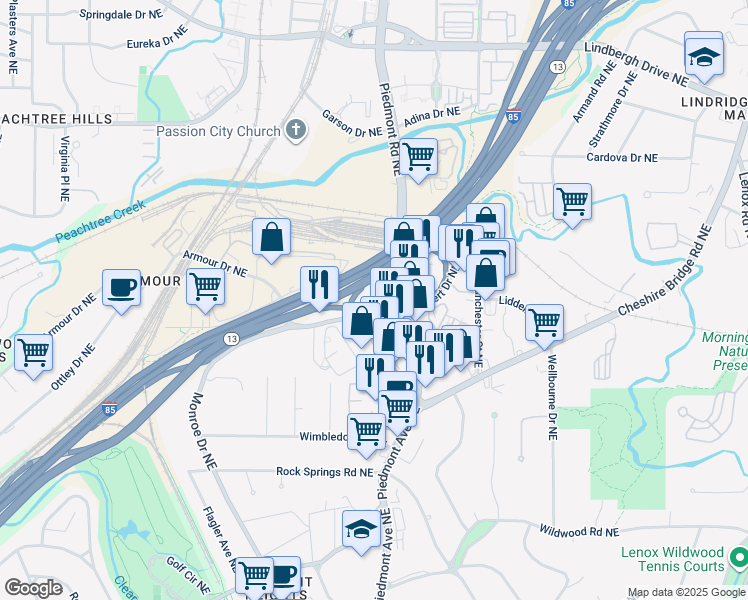 map of restaurants, bars, coffee shops, grocery stores, and more near 1944 Piedmont Circle Northeast in Atlanta