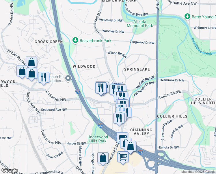 map of restaurants, bars, coffee shops, grocery stores, and more near 1986 Brookview Drive Northwest in Atlanta