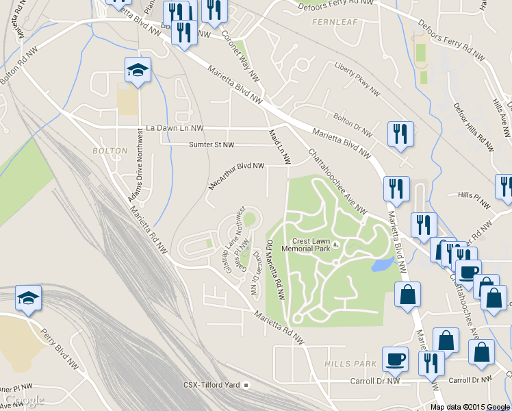 map of restaurants, bars, coffee shops, grocery stores, and more near 1626 Gilstrap Lane Northwest in Atlanta