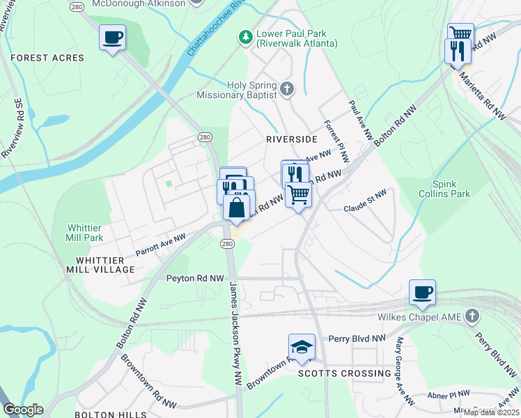 map of restaurants, bars, coffee shops, grocery stores, and more near 2055 Bolton Road Northwest in Atlanta