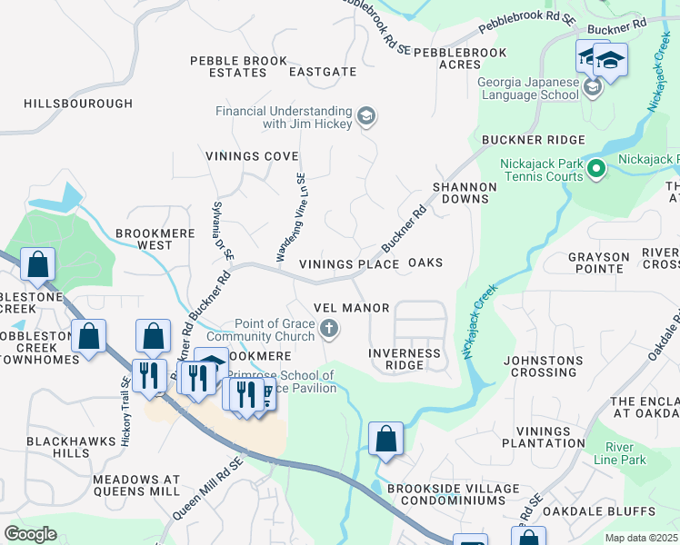 map of restaurants, bars, coffee shops, grocery stores, and more near 5731 Vinings Place Drive Southeast in Mableton