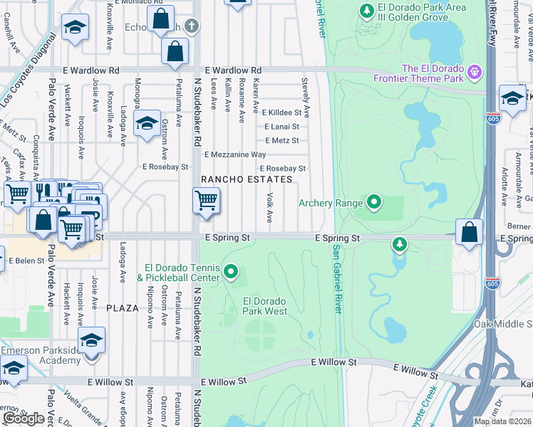 map of restaurants, bars, coffee shops, grocery stores, and more near 3033 Volk Avenue in Long Beach