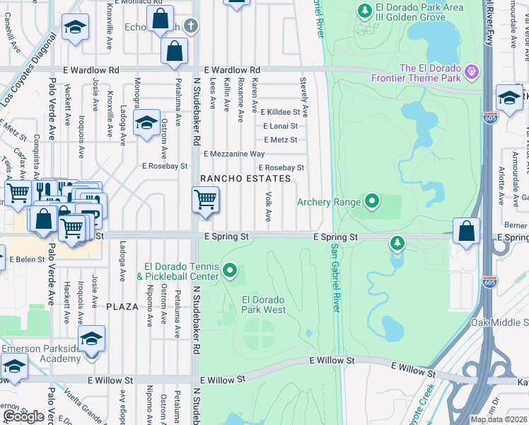map of restaurants, bars, coffee shops, grocery stores, and more near 3033 Volk Avenue in Long Beach