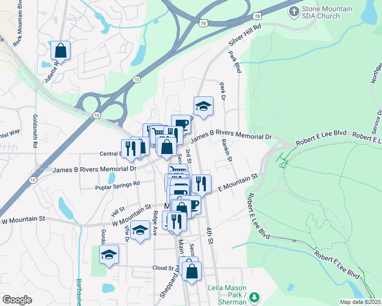 map of restaurants, bars, coffee shops, grocery stores, and more near 1111 3rd Street in Stone Mountain