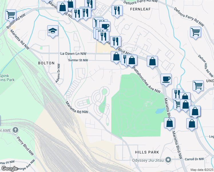 map of restaurants, bars, coffee shops, grocery stores, and more near 1626 Gilstrap Lane Northwest in Atlanta
