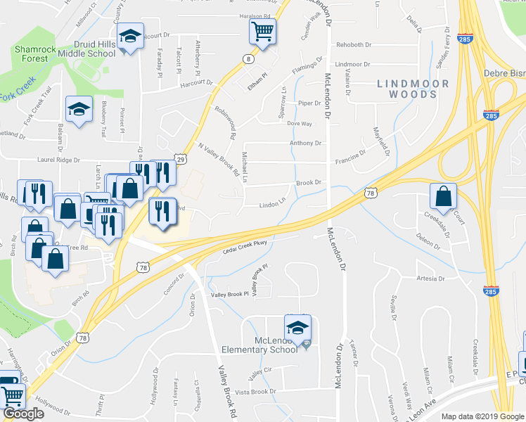 map of restaurants, bars, coffee shops, grocery stores, and more near 3039 Lindon Lane in Decatur