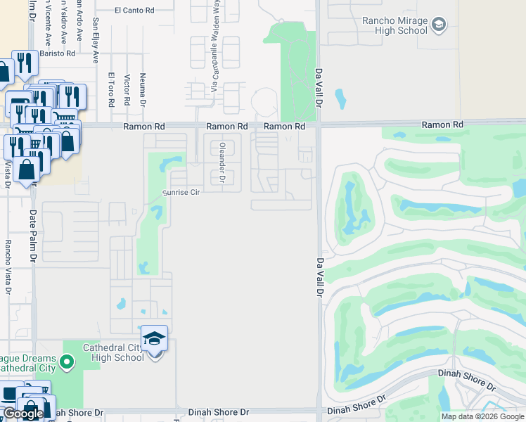 map of restaurants, bars, coffee shops, grocery stores, and more near 69801 Ramon Road in Cathedral City