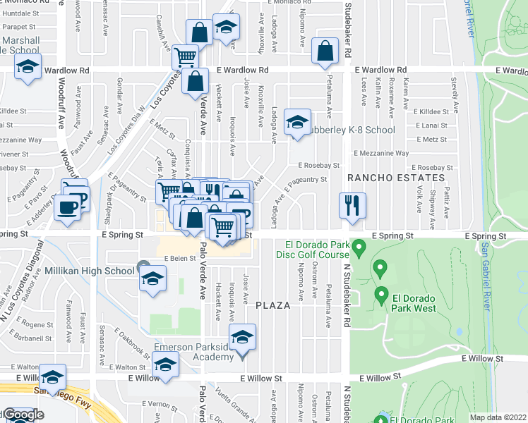 map of restaurants, bars, coffee shops, grocery stores, and more near 3030 Knoxville Avenue in Long Beach