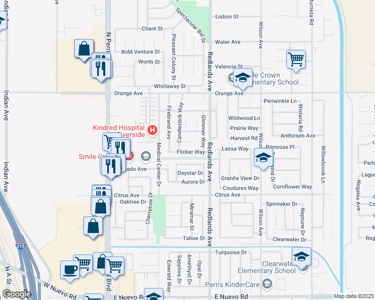 map of restaurants, bars, coffee shops, grocery stores, and more near 310 Flicker Way in Perris