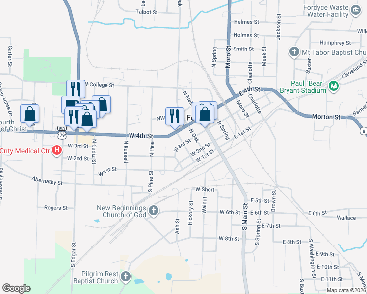 map of restaurants, bars, coffee shops, grocery stores, and more near 301 West 3rd Street in Fordyce