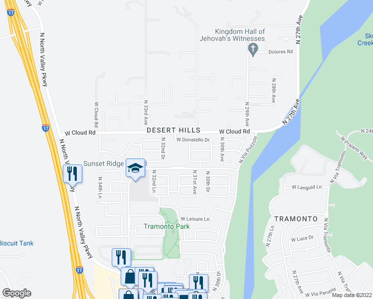 map of restaurants, bars, coffee shops, grocery stores, and more near 36002 North 31st Avenue in Phoenix
