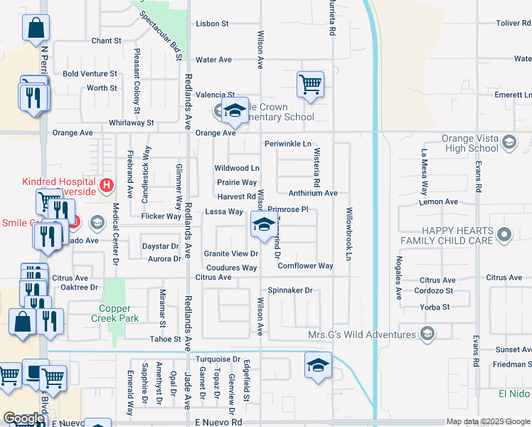 map of restaurants, bars, coffee shops, grocery stores, and more near 2177 Wilson Avenue in Perris