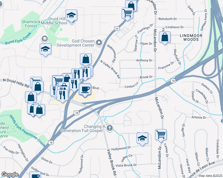 map of restaurants, bars, coffee shops, grocery stores, and more near 2064 Brian Way in Decatur