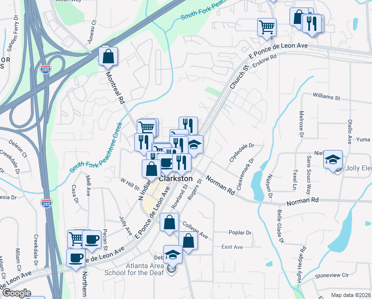 map of restaurants, bars, coffee shops, grocery stores, and more near 4244 East Ponce de Leon Avenue in Clarkston