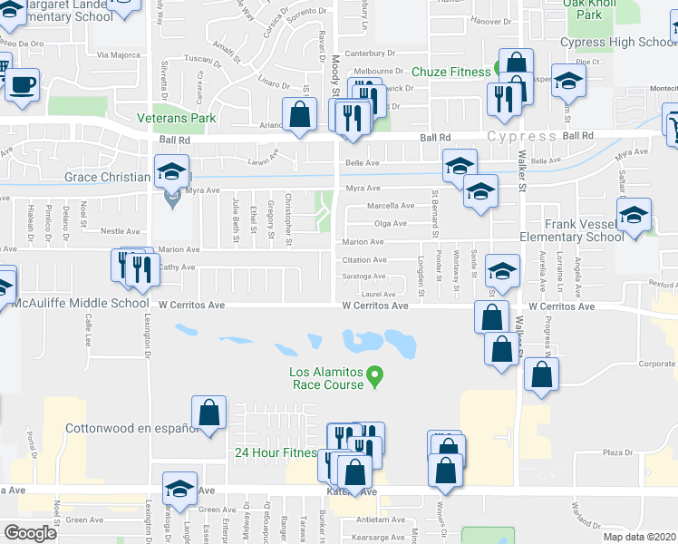 map of restaurants, bars, coffee shops, grocery stores, and more near 5019 Saratoga Avenue in Cypress