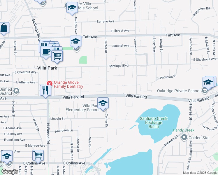 map of restaurants, bars, coffee shops, grocery stores, and more near 18302 Edgewood Avenue in Villa Park